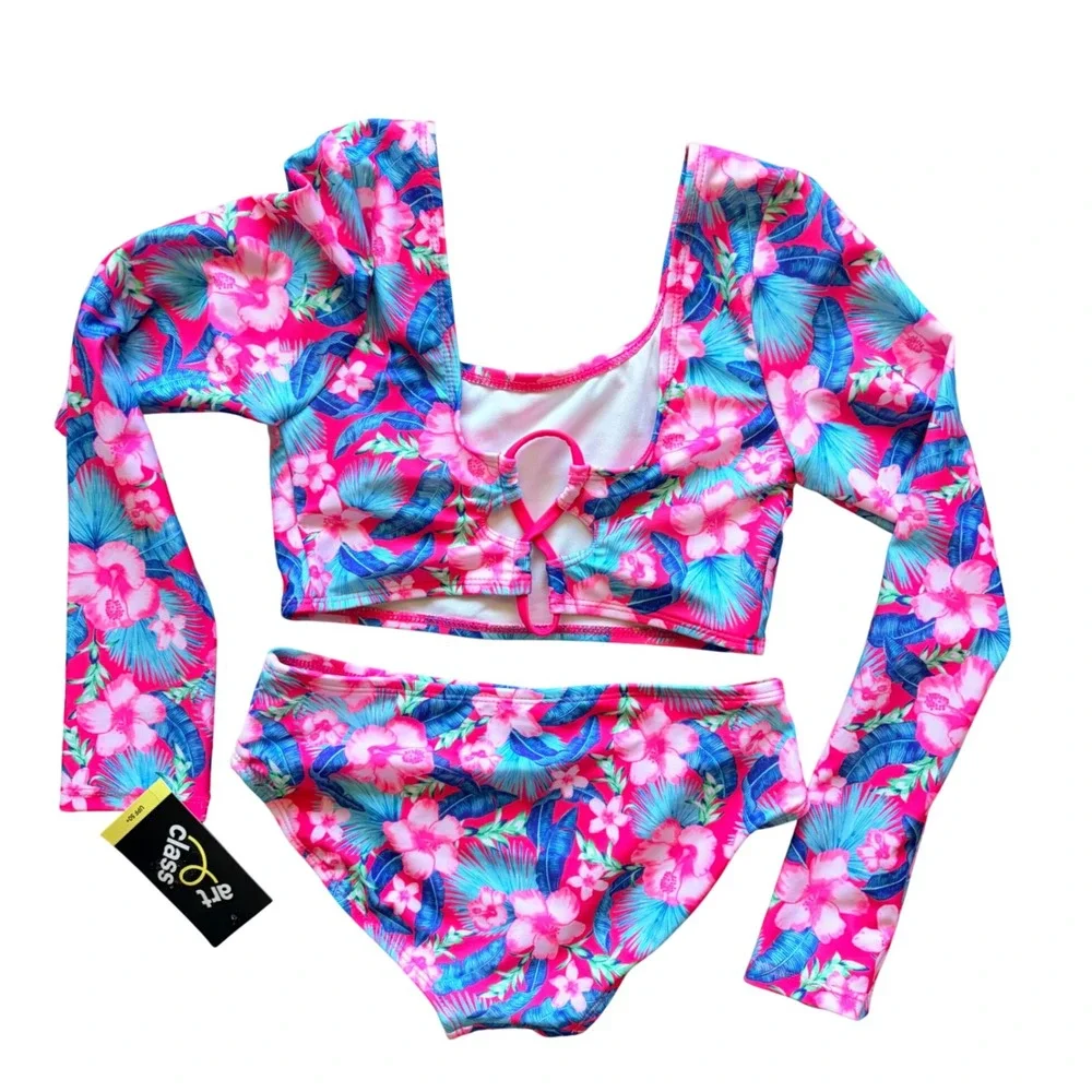 Art Class Pink Tropical Hawaiian Floral Rash Guard Bikini Bathing Suit 6/7 NWT